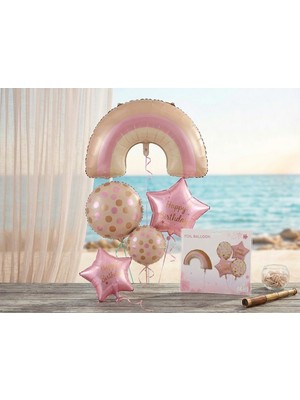Partyora Happy Birthday Yazılı Puantiyeli Pastel Gökkuşağı Konsept Balon Demeti