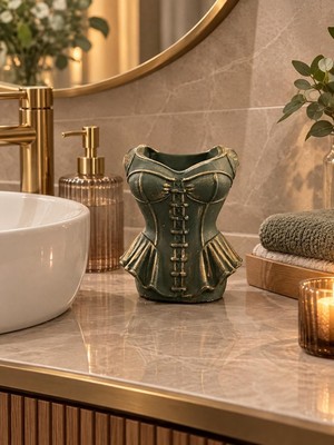 Artnest Korse Tasarımlı Gotik Çok Amaçlı Dekoratif Obje Kalemlik Ve Makyaj Fırçalık Yapay Çiçek Vazosu