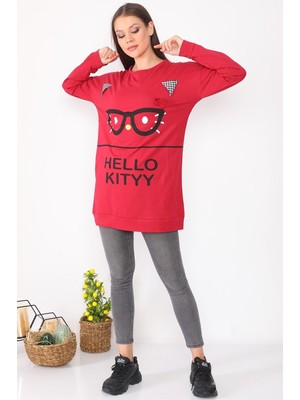 Alışveriş Sokağı Gözlük Baskılı Tunik Sweatshirt