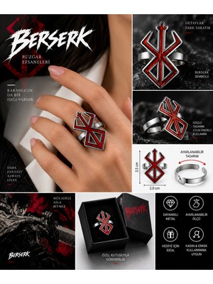 Herşey Nota Berserk Rüzgar Efsaneleri Sembol Ayarlanabilir Yüzük Kırmızı Gümüş Renk Unisex