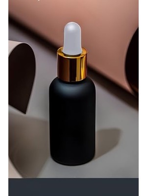 Trendexa 30 ml Mat Siyah Cam Damlalıklı Serum Şişesi, 30 Cc, Renkli Metal Kapaklı, 1 Adet, Gold Yüzük ve Beyaz Lastik