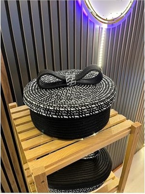 Trendexa 24 x 12 Siyah Doğal Jüt Hasır Sepet, Fiyonk Detaylı ve Kapaklı
