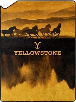 Trendexa Yellowstone Büyük Boy Ipek Dokunuşlu Şerpa Battaniye, 152,4 cm x 203,2 Cm, Vahşi Atlar