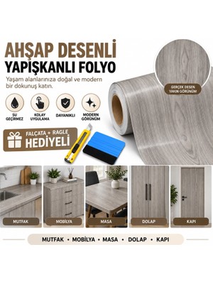 Niks Home Gri Ahşap Desenli Yapışkanlı Kaplama Kağıt Su Geçirmez 200 cm x 45 cm Mutfak Tezgahı Için Dayanıklı
