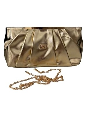 Trendexa Aurora Gold Gece Çantası; Metalik Gold Renk, Pileli Tasarım, Zincir Askılı Clutch