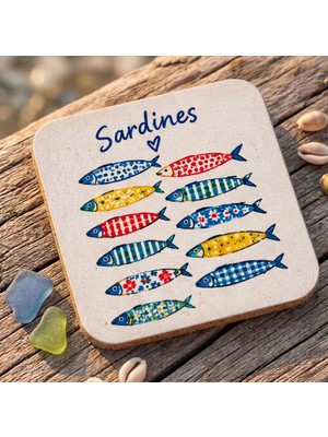 Purplesky Sardines Desenli Kare Mdf Bardak Altlığı