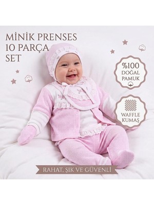 Milays 0-3 Ay Kız Bebeklere Waffle Kumaş Desen ve Çiçek Nakışlı Organik Pamuk 10 Lu Premium Set