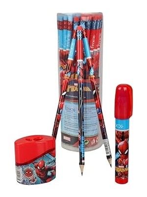 Trendexa Spiderman Lisanslı Kırtasiye Seti, 3 Silgili Kurşun Kalem, Çift Bıçaklı Kalemtraş, Roket Silgi, Kırmızı
