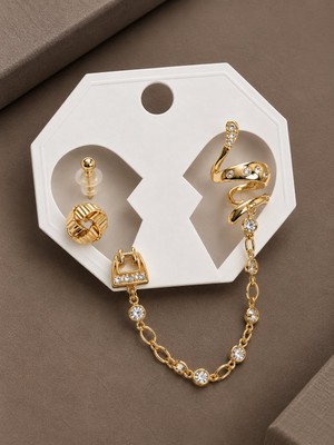 Serelya Pirinç Gold Renk Yılan Model Zincir Bağlantılı Ear Cuff Küpe Seti