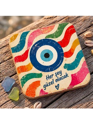 Purplesky Retro Herşey Güzel Olacak Nazar Boncuklu Bardak Altı Kare Mdf