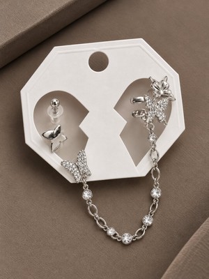 Serelya Pirinç Gümüş Renk Kelebek Model Zincir Bağlantılı Ear Cuff Küpe Seti