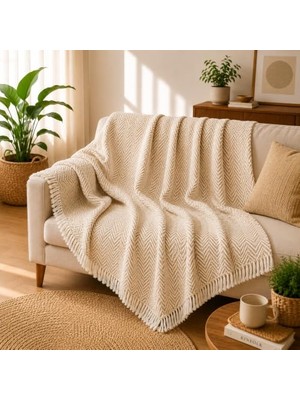 Trendexa Premium Pamuklu Lilyana Koltuk Örtüsü 170X210 Cm; Çift Taraflı Dekoratif Şal, Tekli, Üçlü, Kanepe, Çekyat ve Berjer Için Koruyucu, Kaymaz, Nefes Alan, Yıkanabilir, Modern Çizgili Tasarım (Krem)