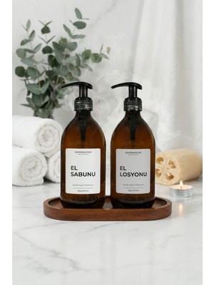 St. Morritz Ahşap Stantlı 2'li Amber Tombul Şişe El Sabunu ve El Losyonu Şişesi 500ML Amber Cam Şişe 2 Adet