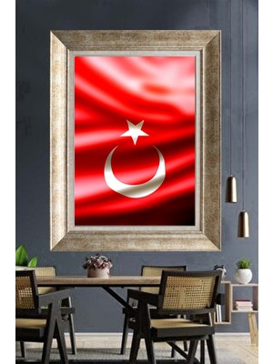 Tablore Dalgalanan Türk Bayrağı Çerçeveli Kanvas Tablo Ay Yıldız Duvar Dekoru