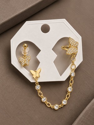 Serelya Kelebek Model Pirinç Gold Renk Zincir Bağlantılı Ear Cuff Küpe Seti
