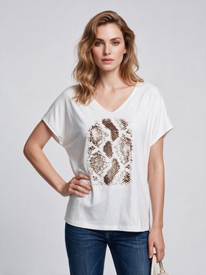 Daido Daıdo Kadın V Yaka Rahat Kesim Yılan Derisi Desenli Kısa Kollu T-Shirt 20Y331900257