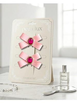 Pegu 2 Li Little Mini Lux Pembe Grogren Kurdele Pens Taşlı Toka ,bayram,kutlama,özel Gün
