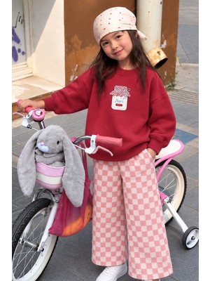 Monila Kız Çocuk Kırmızı Reçel Baskılı Pamuklu Sweatshirt ve Pembe Kareli Eşofman Alt Üst Takım