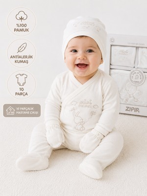 Zıpır Baby Pamuklu Antialerjik Kumaş Mini Dreamer Yazılı Unisex Yenidoğan Çocuk Bebek Kutulu 10 Parça Hastane Çıkışı Zıbın Seti