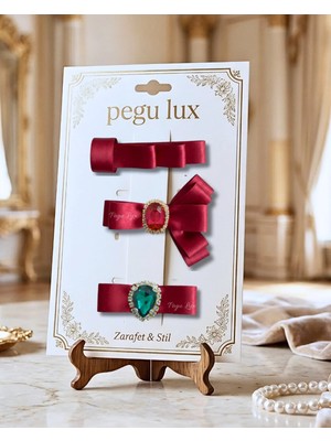 Pegu 3 Lü Little Mini Lux Kırmızı Saten Kurdele Pens Taşlı Toka ,bayram,kutlama,özel Gün