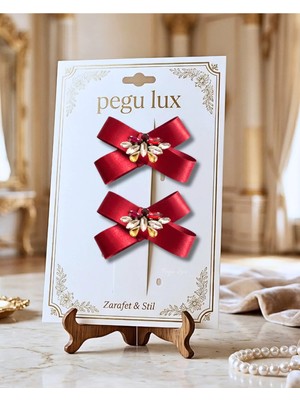 Pegu 2 Li Little Mini Lux Kırmızı Saten Kurdele Pens Taşlı Toka ,bayram,kutlama,özel Gün