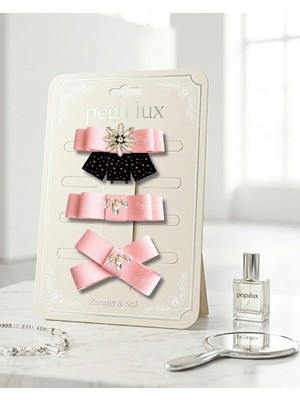 Pegu 3 Lü Little Mini Lux Pembe Grogren Kurdele Pens Taşlı Toka ,bayram,kutlama,özel Gün