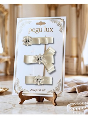 Pegu 3 Lü Little Mini Lux Ekru Saten Kurdele Pens Taşlı Toka ,bayram,kutlama,özel Gün