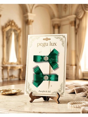 Pegu 2 Li Little Mini Lux Zümrüt Yeşil Saten Pens Taşlı Toka ,bayram,kutlama,özel Gün