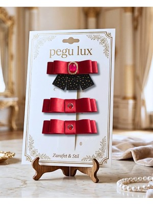 Pegu 3 Lü Little Mini Lux Kırmızı Saten Kurdele Pens Taşlı Toka ,bayram,kutlama,özel Gün