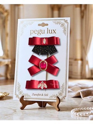 Pegu 3 Lü Little Mini Lux Kırmızı Saten Kurdele Pens Taşlı Toka ,bayram,kutlama,özel Gün