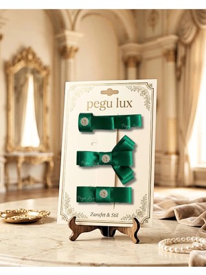 Pegu 3 Lü Little Mini Lux Zümrüt Yeşil Saten Pens Taşlı Toka ,bayram,kutlama,özel Gün