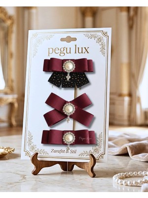 Pegu 3 Lü Little Mini Lux Bordo Kurdele Pens Taşlı Toka ,bayram,kutlama,özel Gün