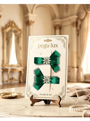 Pegu 2 Li Little Mini Lux Zümrüt Yeşil Saten Pens Taşlı Toka ,bayram,kutlama,özel Gün