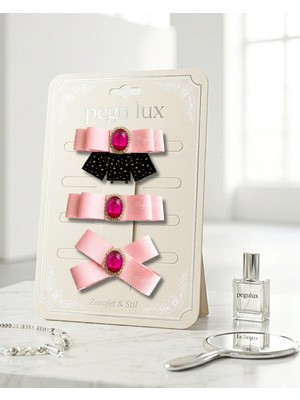 Pegu 3 Lü Little Mini Lux Pembe Grogren Kurdele Pens Taşlı Toka ,bayram,kutlama,özel Gün