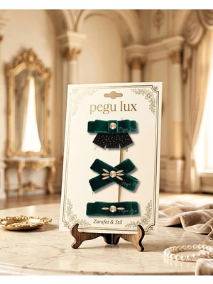 Pegu 3 Lü Little Mini Lux Zümrüt Yeşil Kadife Pens Taşlı Toka ,bayram,kutlama,özel Gün