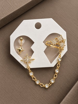 Serelya Kutup Yıldızı Model Pirinç Gold Renk Zincir Bağlantılı Ear Cuff Küpe Seti