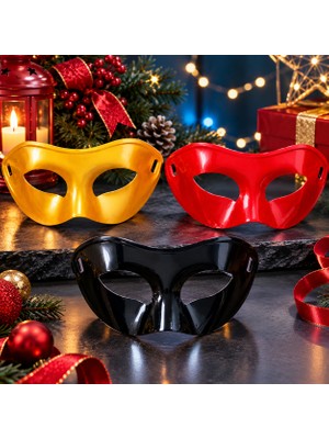 Kuzey Oyuncak 3 Adet Parlak Pvc Yılbaşı Parti Maskesi Kırmızı Maske Siyah Maske Gold Maske Noel Yılbaşı Maskesi