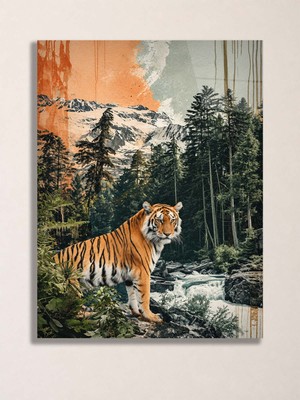 North Whiskers Kaplan ve Dağ Manzaralı Metal Tablo - Vahşi Doğa Duvar Dekoru, Metal Poster Wall Art
