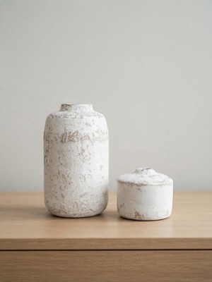 Art By Aslı El Yapımı Ikili Beyaz Eskitme Beton Vazo Seti - Haşhaş ve Pampas Aranjmanlı Modern Dekoratif Obje