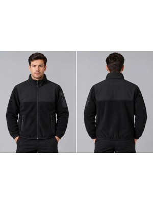 D-Star Erkek Polarsoftshell Mont Siyah Outdoor Spor Mont Fermuarlı Dik Yaka Günlük Rahat Kalıp Mont