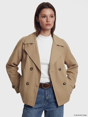 LC Waikiki Lcw Modest Kahverengi Kruvaze Yaka Oversize Kadın Trençkot