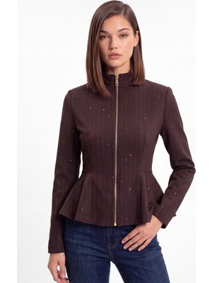 Cemo Çizgili Pul Işlemeli Peplum Fermuarlı Ceket