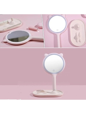 Kedi Kulaklı Telefon Standlı Yuvarlak Dokunmatik LED Ayarlı Masa Üstü Makyaj Aynası BX40