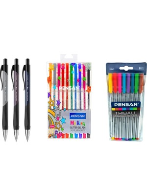 Okul ve Sınav Yazım Seti Faber Castell Versatil Kalem Autoclick Plus 0.7mm 3 Adet + Triball 8 Adet Renkli Tükenmez + My King 10 Adet Renkli Simli Jel Kalem