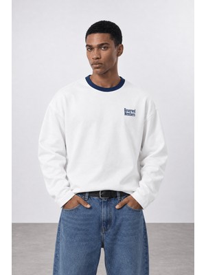 Respire Erkek Reserved Members Baskılı Oversize Sweatshirt Ekru