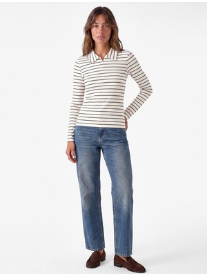 Koton Slim Fit Uzun Kollu Yarım Fermuarlı Polo Yaka Çizgili Tişört