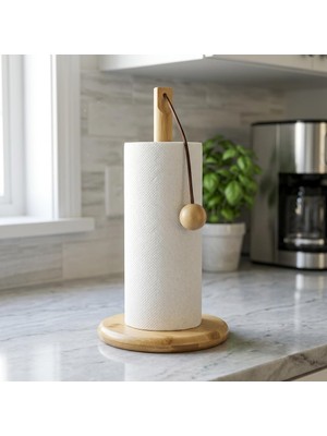 Store Doğal Bambu Bohem Top Tutacaklı Kağıt Havluluk - Dekoratif Ahşap Stand (30X14 Cm, Kahve ve Bambu Renk Seçenekli, 1 Adet) (Doğal)