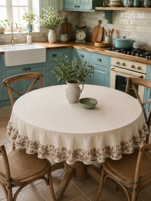 Luxoras Home Yuvarlak Kahve Fransız Köylü Desenli Keten Masa Örtüsü Fırfırlı Vintage Country Bohem Masa Örtüsü