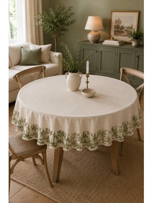 Luxoras Home Yuvarlak Yeşil Fransız Köylü Desenli Keten Masa Örtüsü Fırfırlı Vintage Country Bohem Masa Örtüsü