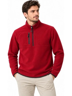 Lune Store Erkek Polar Dik Yaka Yarım Fermuarlı Fermuarlı Göğüs Cepli Regular Fit Kışlık Sweatshirt - Bordo